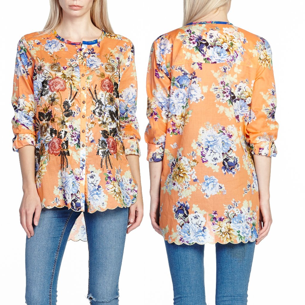 Aratta Claudine Agnes Shirt Small Reg $182 Floral Scalloped Hem